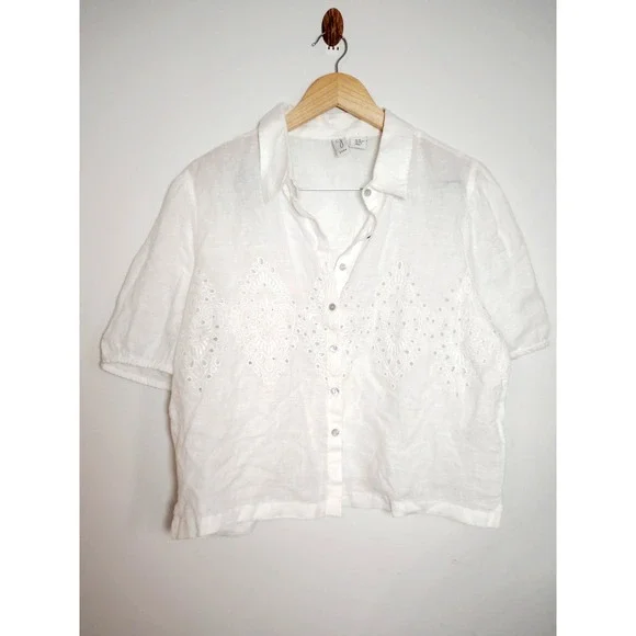 Joie Women XL 100% Linen White Eyelet Short Sleeve Button Crop Shirt Coquette - Picture 2 of 9